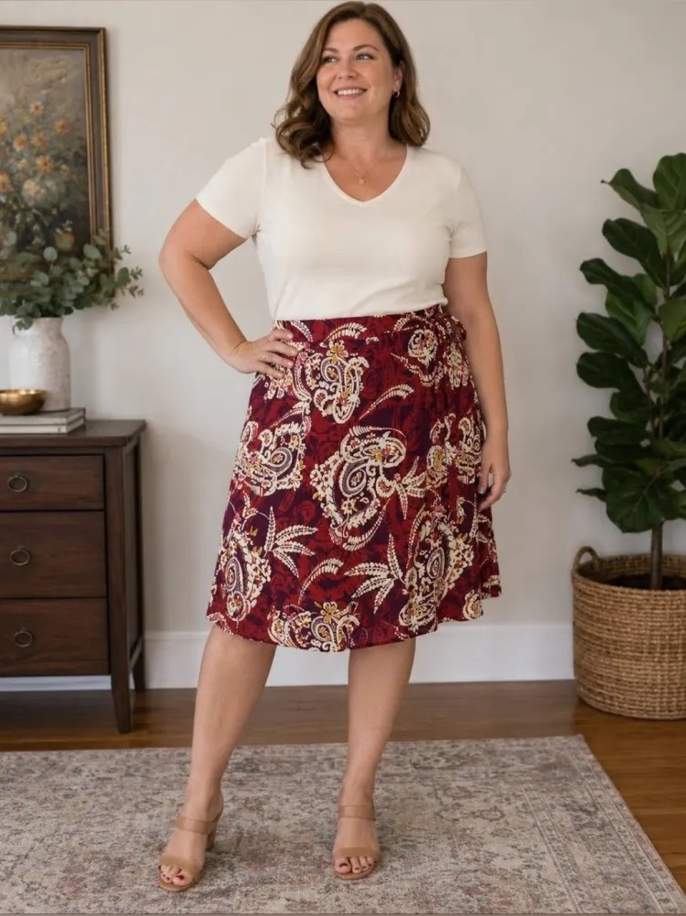 Talbots Silk Full Wrap Boho Skirt Paisley Burgundy and Cream Print Size 10P